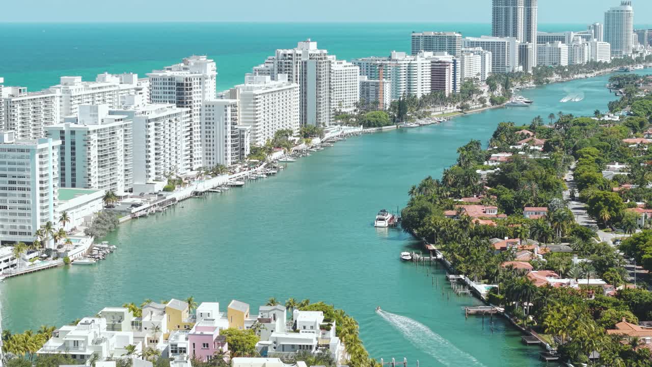 Miami Beach, Florida USA, Drone Shot of Allison Island, Boats in Indian Creek, La Gorce Neighborhood and Beachfront Towers