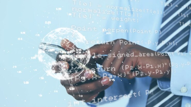 Hands holding smartphone with digital globe and coding overlay animation