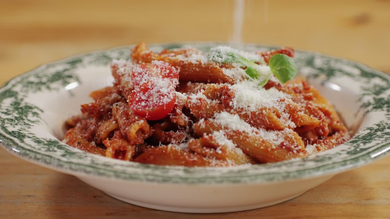 Traditional arrabbiata pasta, penne with tomato sauce close-up. Grated parmesan cheese on top.Homemade pasta at home. Cooking traditional Italian food. High quality 4k footage