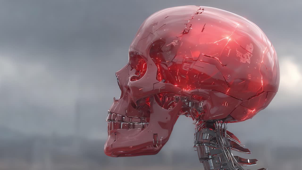 Un sorprendente teschio metallico rosso: esplorando l'intersezione tra arte e tecnologia in una visione futuristica dell'umanità.