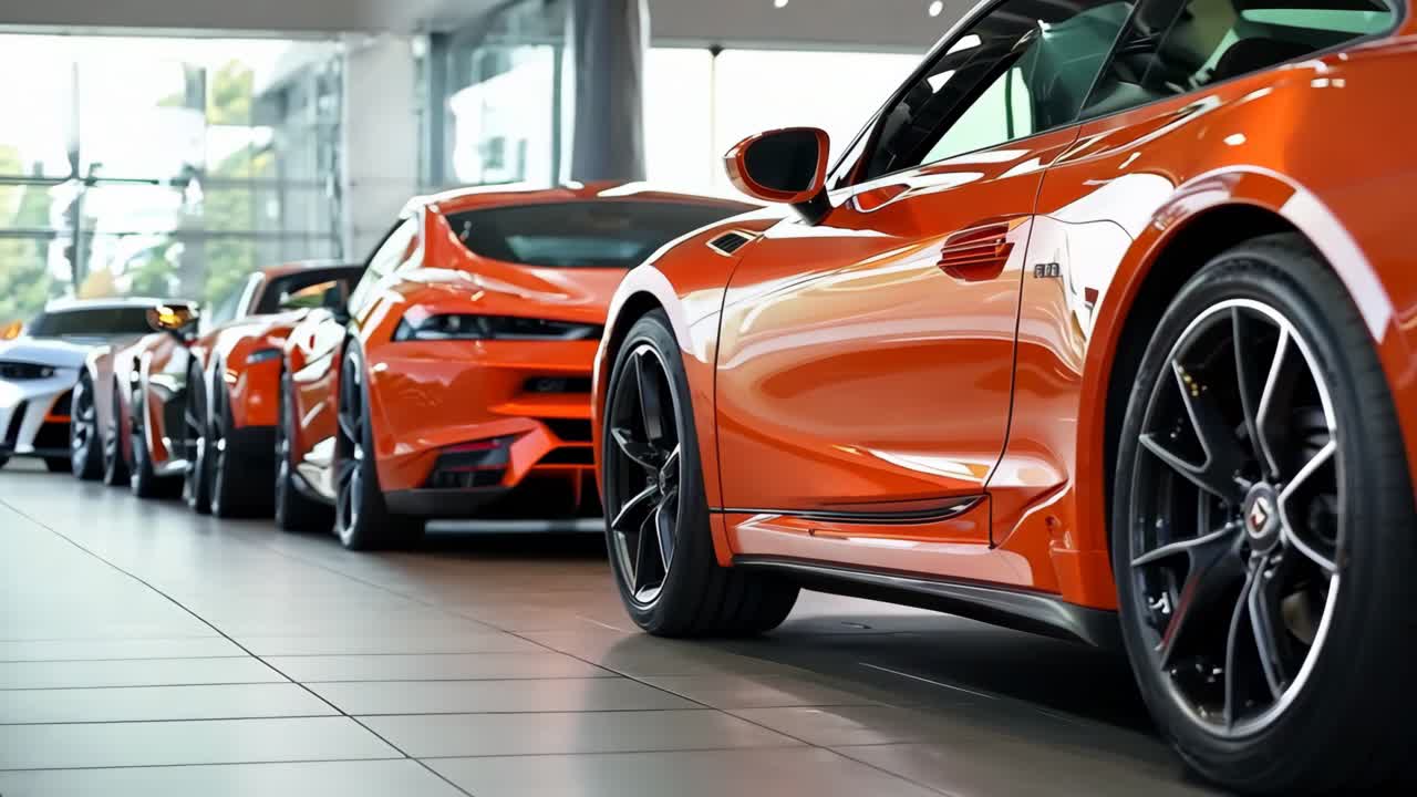 una fila de coches deportivos naranjas estacionados en una sala de exposiciones