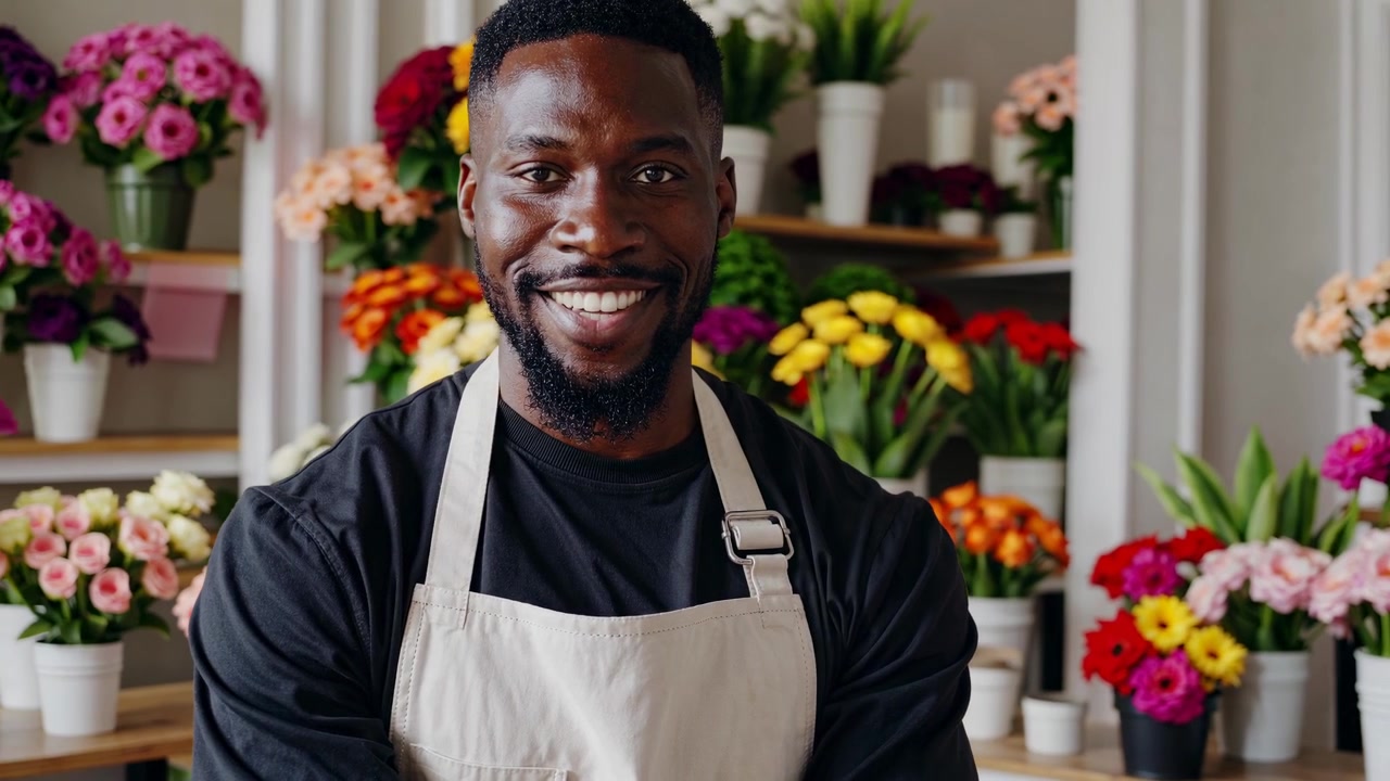 Fiorista uomo sorridente in piedi in un negozio di fiori
