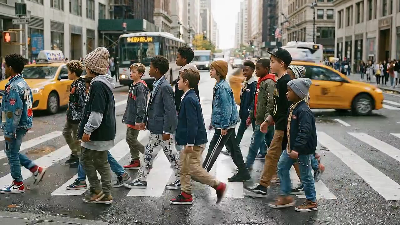 Gruppo di giovani ragazzi di diverse origini che attraversano una strada di New York City