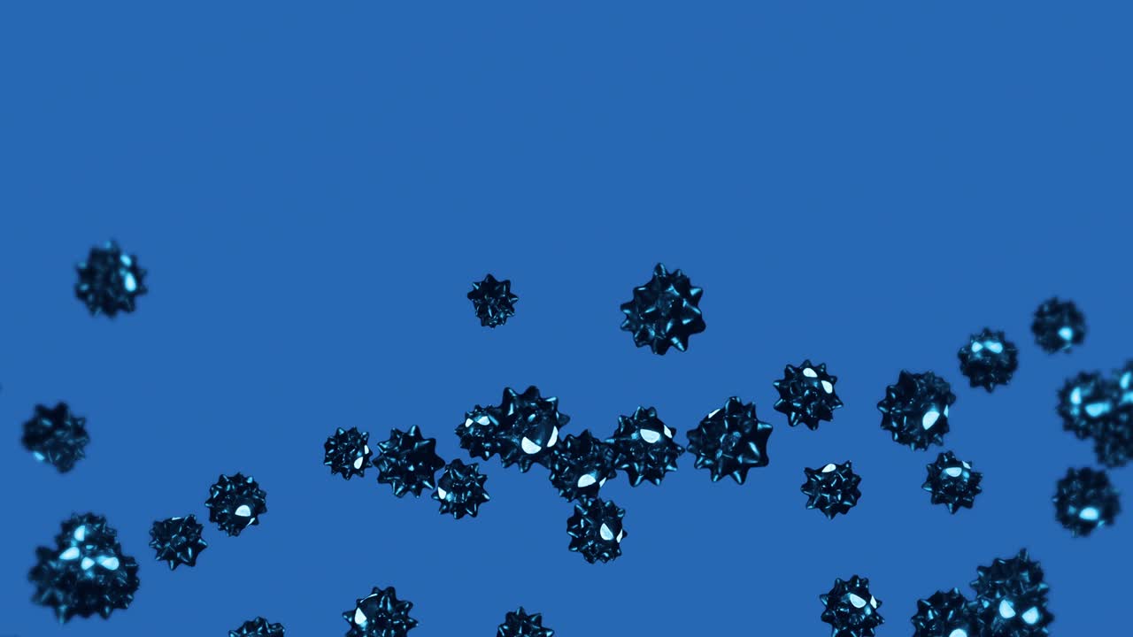 파란색 배경의 만화 캐릭터에서 많은 바이러스를 날아다니는. 의학 개념. 화를 내는 재미있는 검은 바이러스 마스코트. 3d 루프 애니메이션.