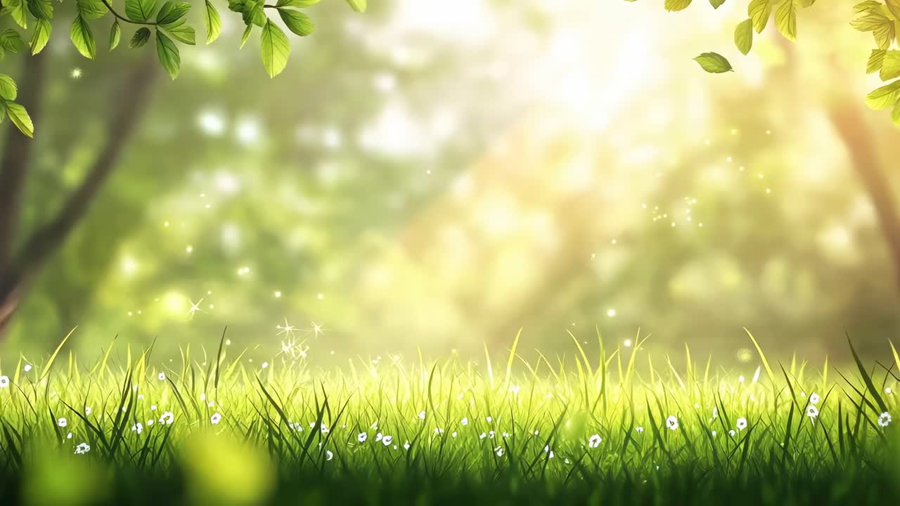 Vista de baixo ângulo de grama iluminada pelo sol com efeito bokeh, capturando uma cena de vídeo serena e inspirada na natureza.