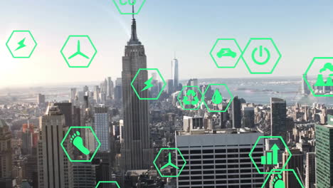 animación de iconos ecológicos con procesamiento de datos sobre el paisaje urbano