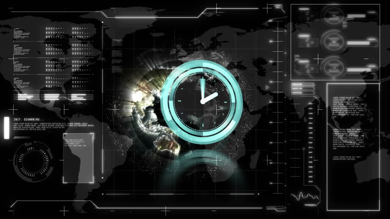 Animation of hands turning on blue clock over interface with globe and data processing