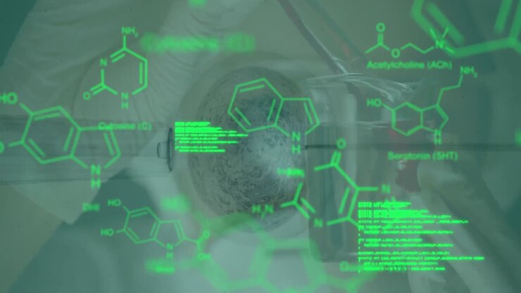 Animation of data processing and chemical formula over test tube and beaker