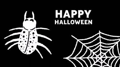 Animation-of-happy-halloween-text-over-spiderweb-on-dark-background