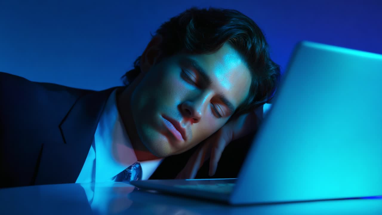 A Somber Evening: A Young Professional in a Suit Resting His Head on a Laptop, Captured in a Dimly Lit Room with a Cool Color Palette, Reflecting the Exhaustion of Modern Work Culture