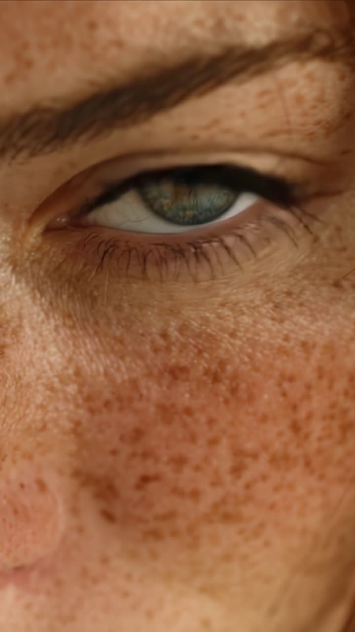 Un'esplorazione ravvicinata di occhi espressivi e pelle lentigginosa, che mostra le complessità dell'emozione umana e della bellezza naturale in due fotogrammi distinti