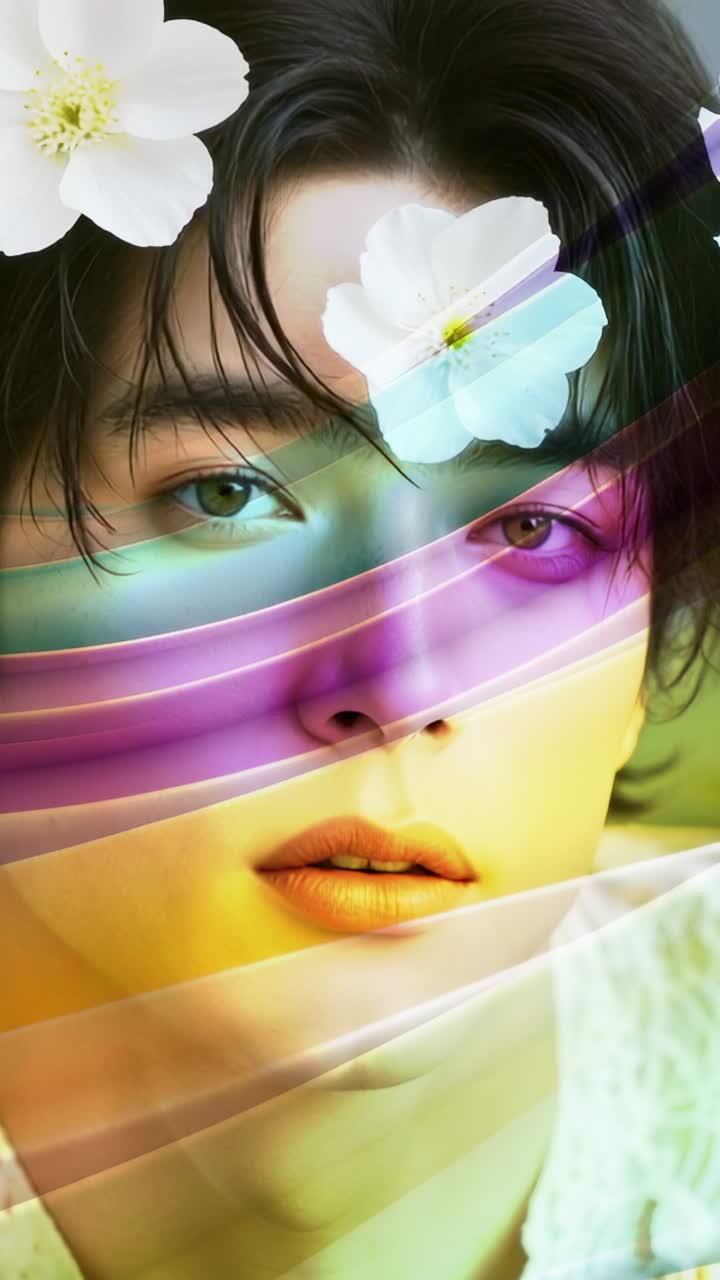 Vertical video: Starting ribbon shifting color across Asian model face in studio, accenting flower