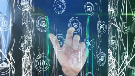 animation of hand using touchscreen with business and data sharing icons over communication networks