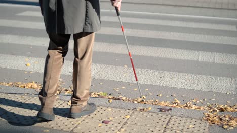 lone blind man detecting tactile tiles, walking to pedestrian crossing safe road