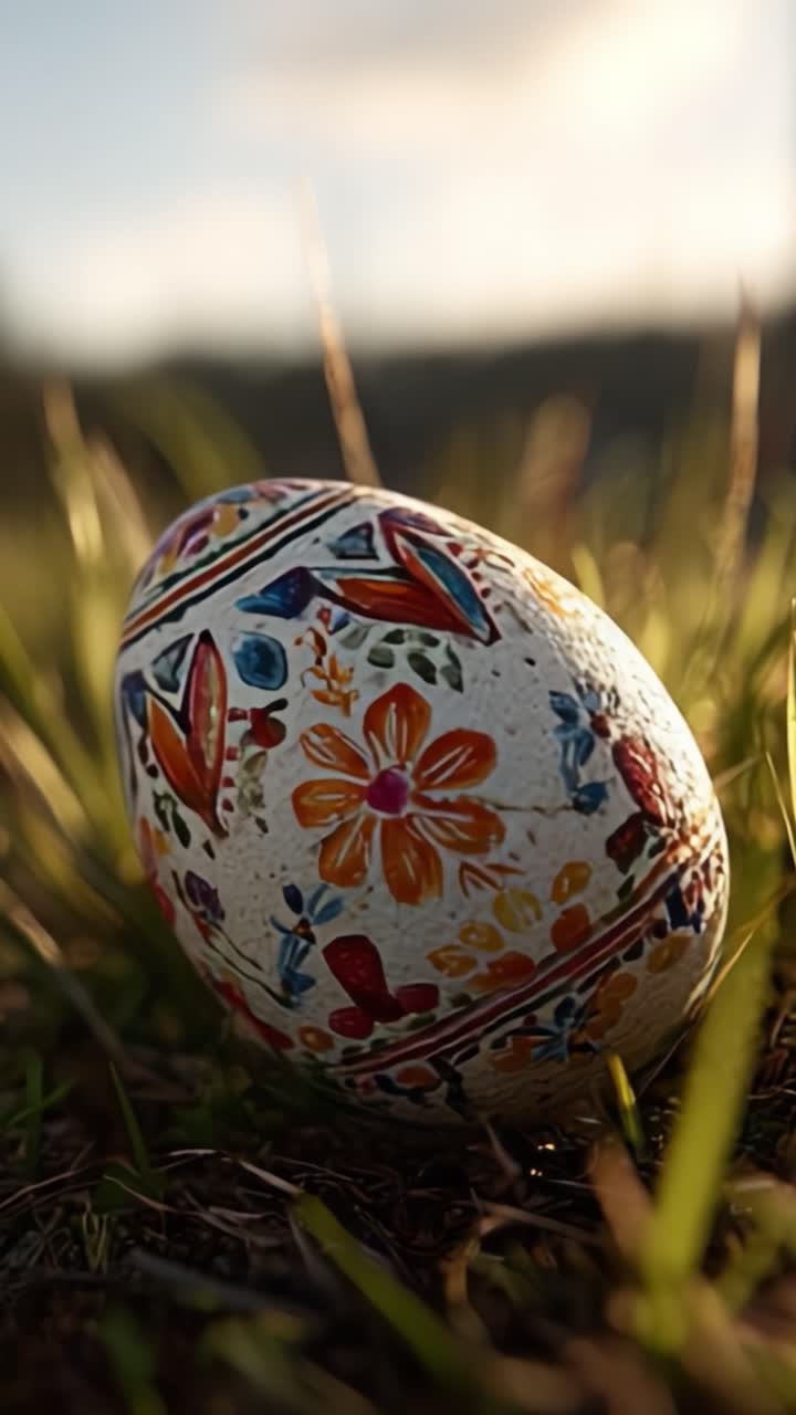 A Beautifully Decorated Egg Nestled in Nature's Green Grass, Capturing the Essence of Springtime Celebrations and Traditional Craftsmanship in Vibrant Colors