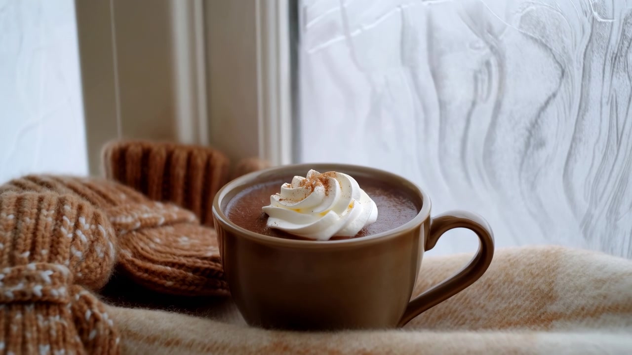 Taza de chocolate caliente con crema batida y canela junto a una ventana acogedora, taza de cerámica marrón junto a una galleta de mantequilla y un tejido.