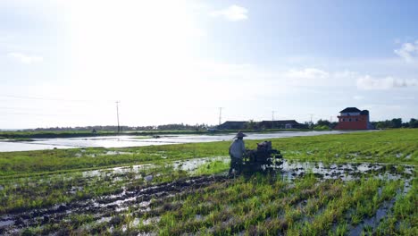 Tierra-Agrícola-Con-Un-Granjero-Usando-Un-Pequeño-Tractor-Para-Arar-Campos-De-Arroz-Cerca-De-Seseh,-Bali,-Indonesia.