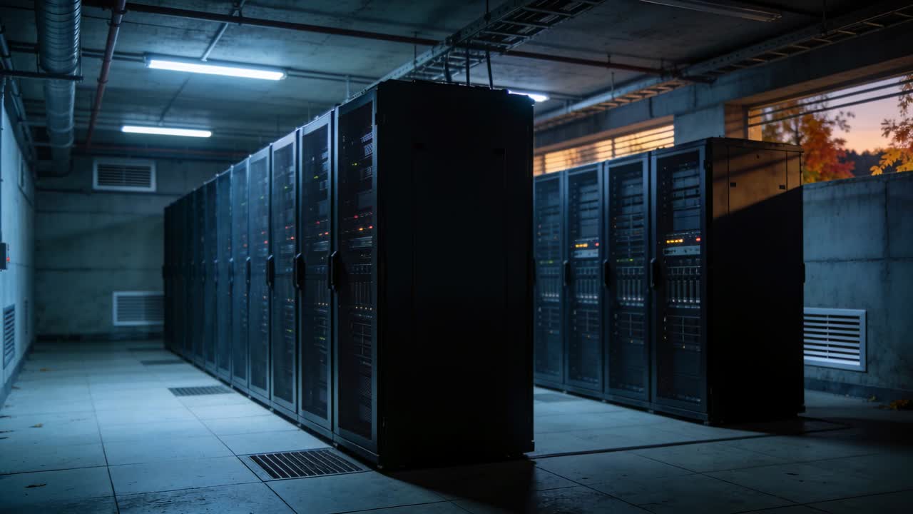 Flashing server racks indicating power flow, showing status LEDs in equipment room with cable trays