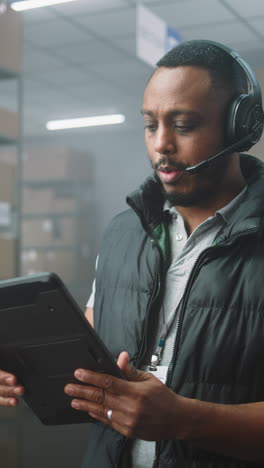 warehouse worker using tablet and headset