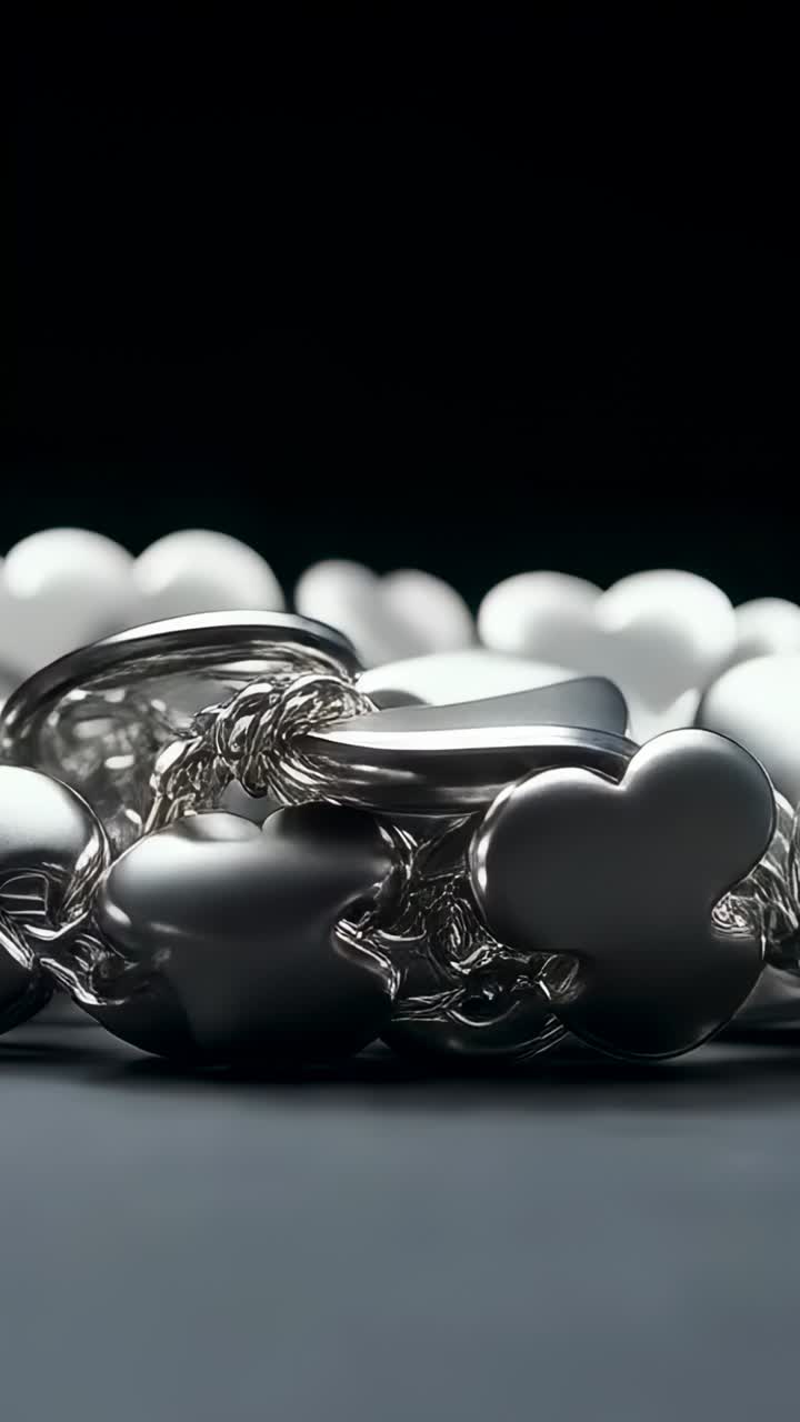 Vertical video: Tracking camera rig moving silver heart bracelet on gray surface, showing contours