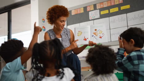 female teacher reads and asks questions to multi-cultural elementary school pupils in class