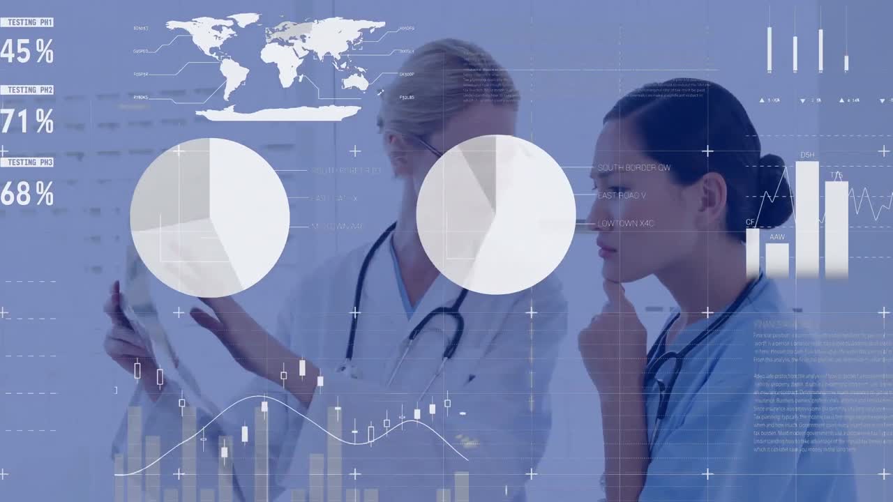 Animação de processamento de dados sobre duas médicas diversas discutindo um raio-x no hospital