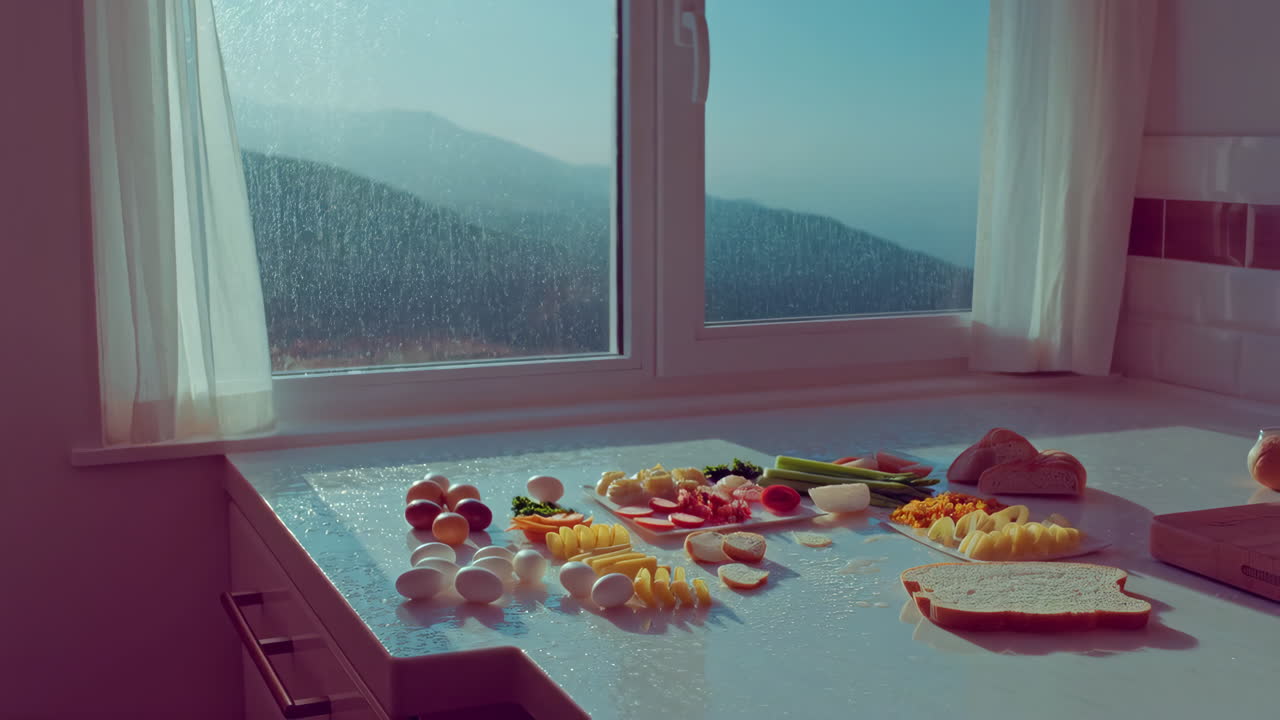 Person preparing food in a kitchen with a scenic mountain view