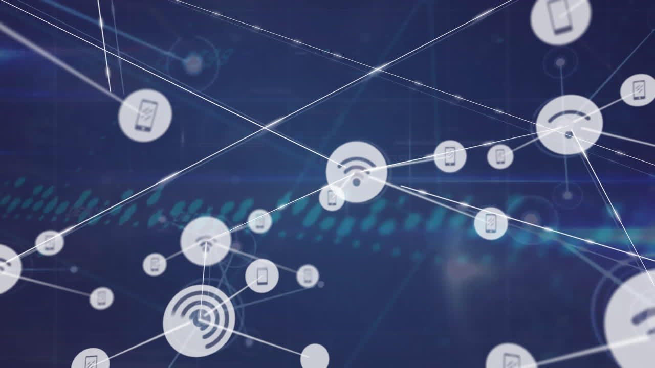 animación de la red de conexiones con iconos y procesamiento de datos