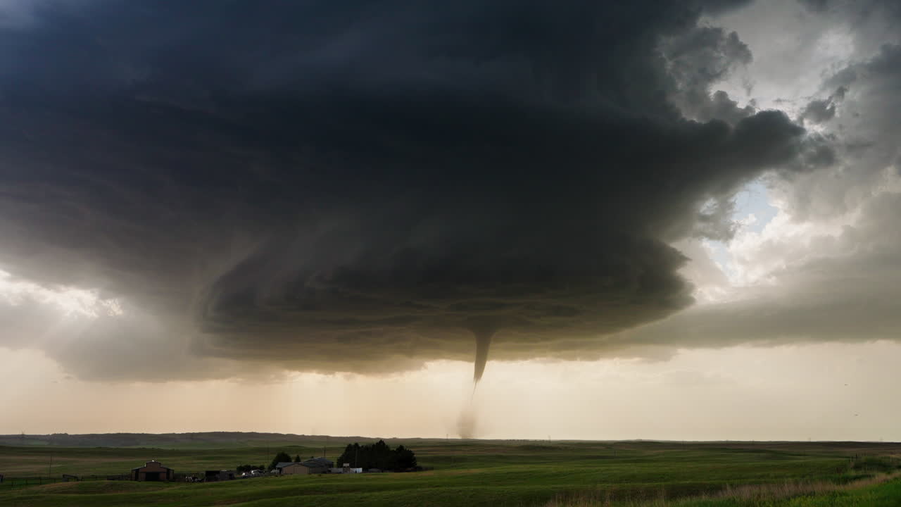 Tornado on Horizon Beneath Dark Supercell and Lightning Flashes