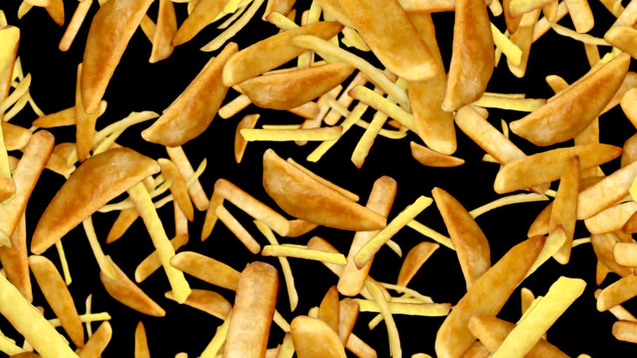 Falling French Fries and Potato Vegetables Background, with Alpha Channel, Loop