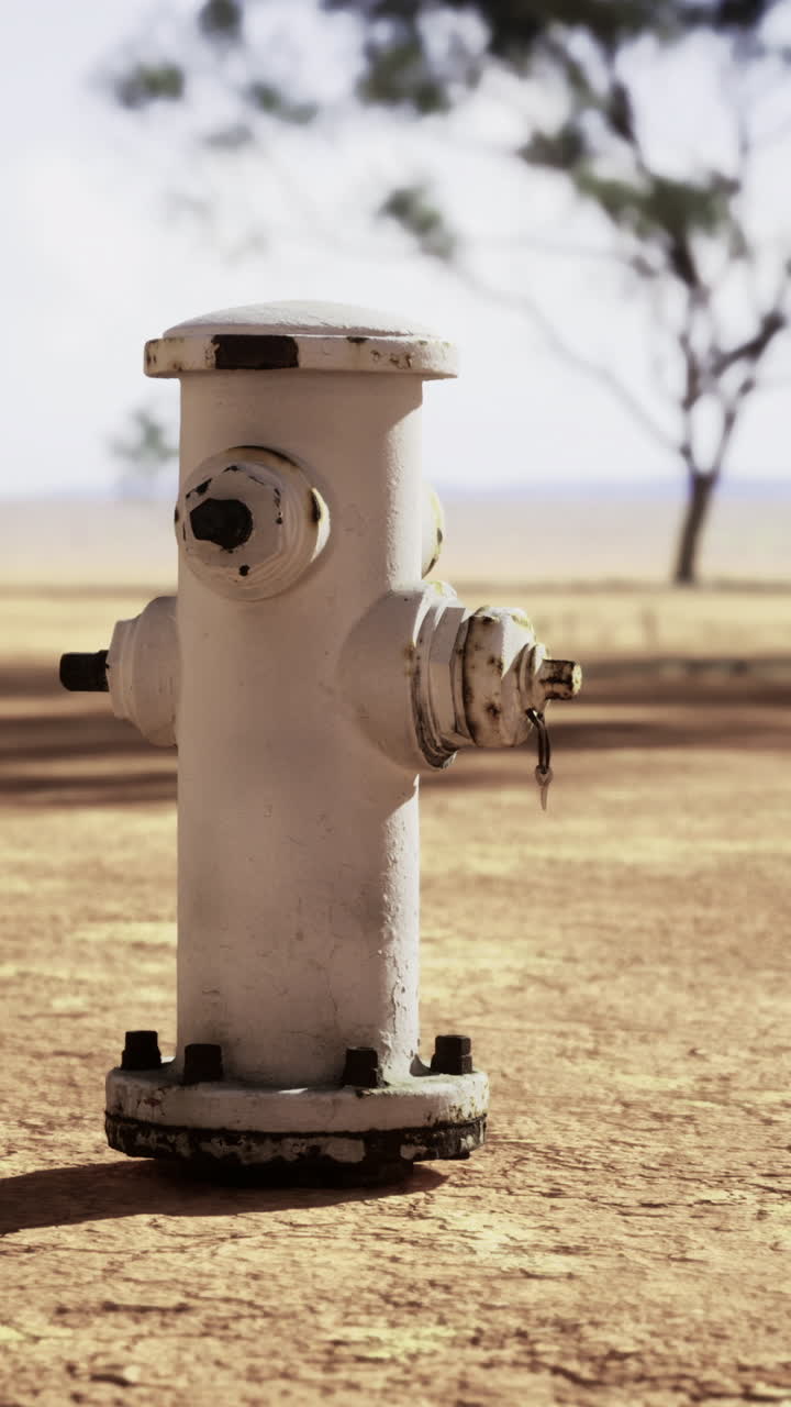 A lone fire hydrant in a vast dry landscape under bright sun
