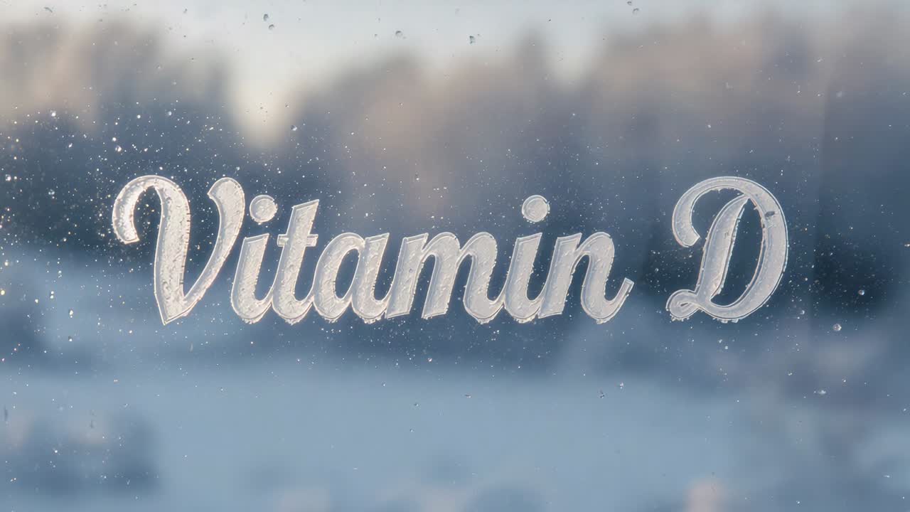 Holding frosted 'Vitamin D' script on cabin window, light shifting, droplets moving, evoking winter