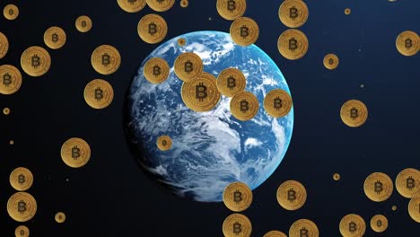 Animation-of-bitcoin-symbols-over-globe-on-black-background