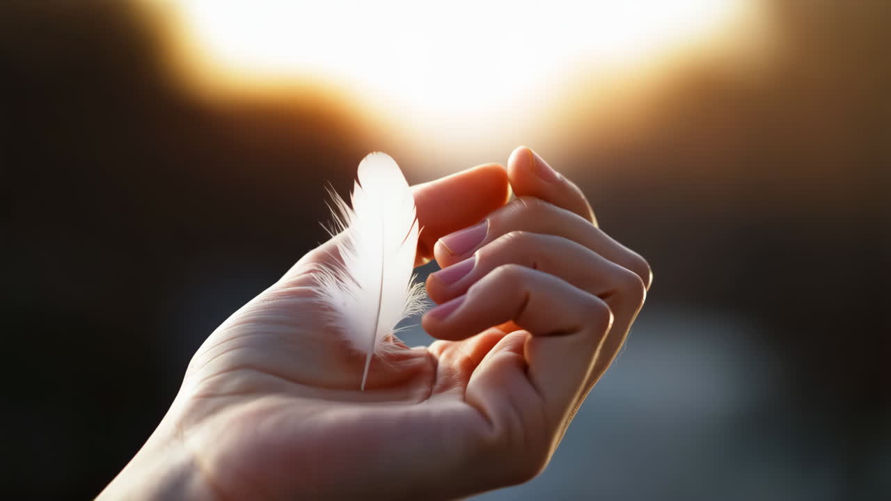 Hand holding a feather in the light