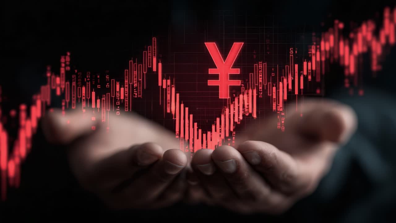 通貨動向のビジュアル表現：金融状況下におけるグラフと手を使ったジェスチャーで円の変動を分析します。