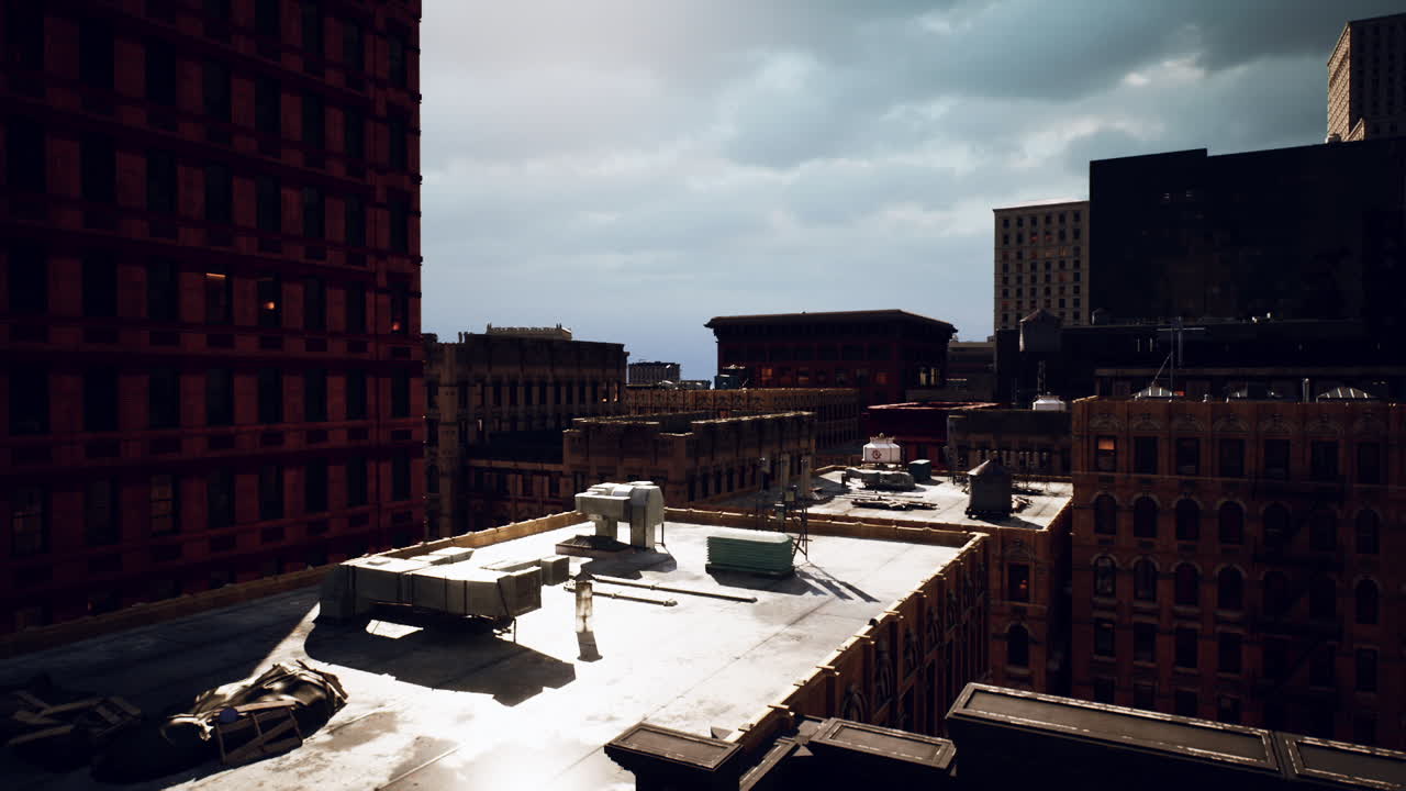 View of city rooftops under a cloudy sky during early afternoon