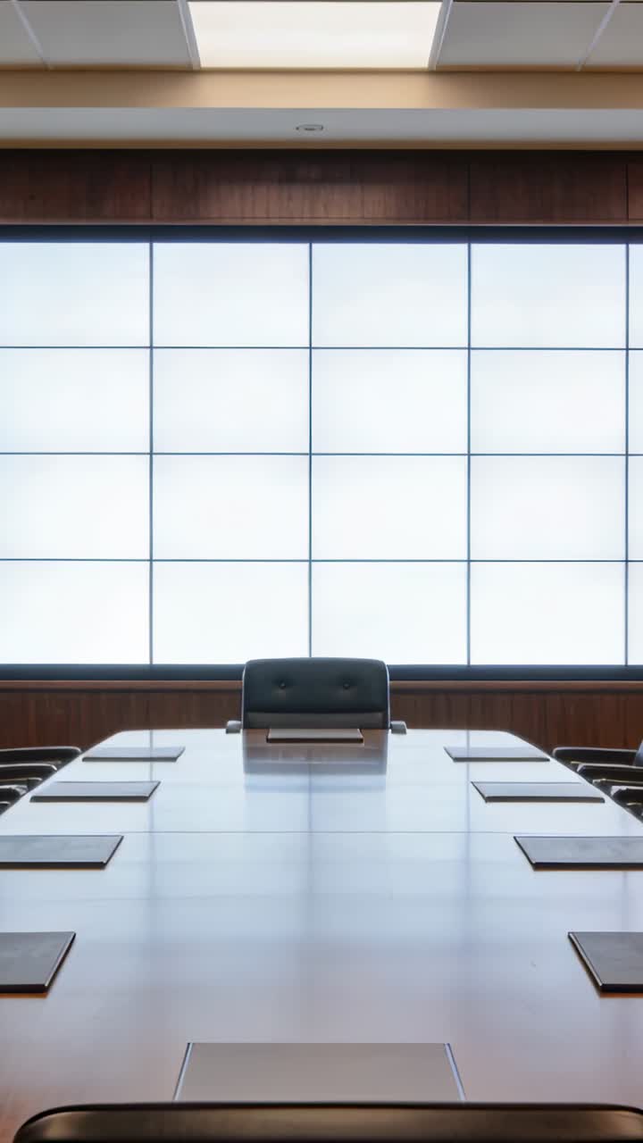 大きなテーブルと窓がある、無人の企業会議室