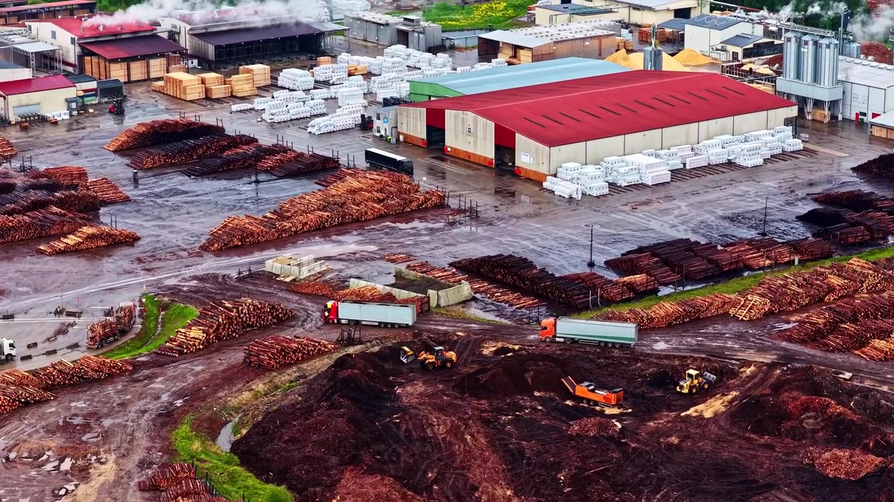 Holzverarbeitungsaktivitäten mit Lastwagen und Maschinen im Sägewerk Stora Enso Latvija. Ideal für Industrie- und Umweltdokumentationen