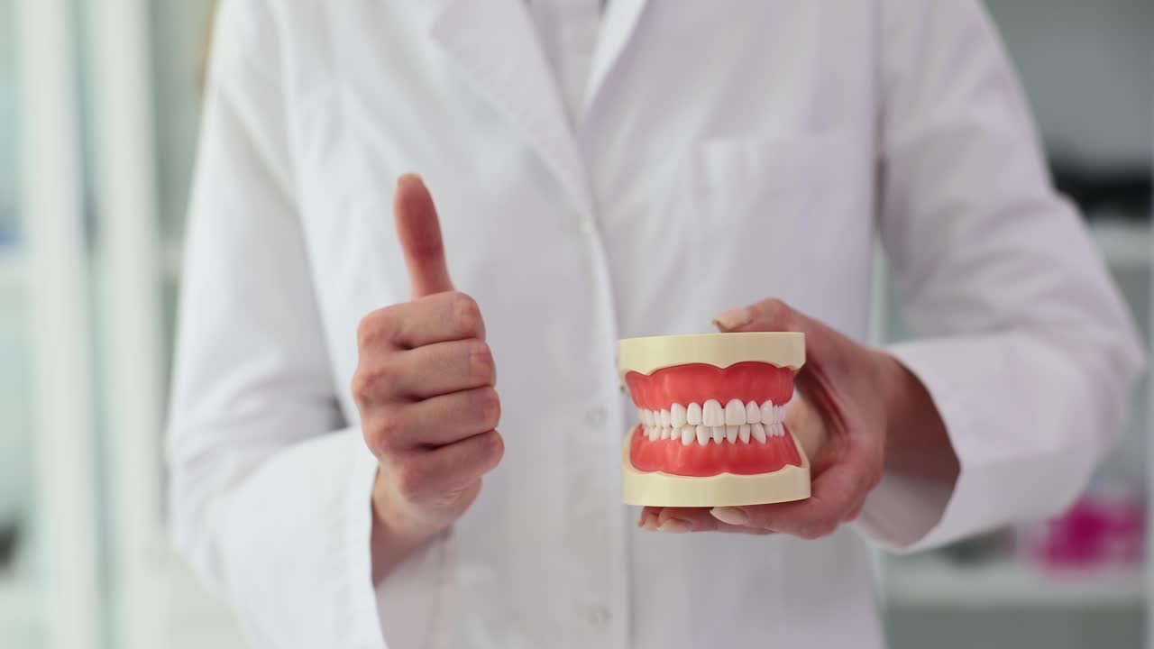 Dentist holding a denture with a thumbs up