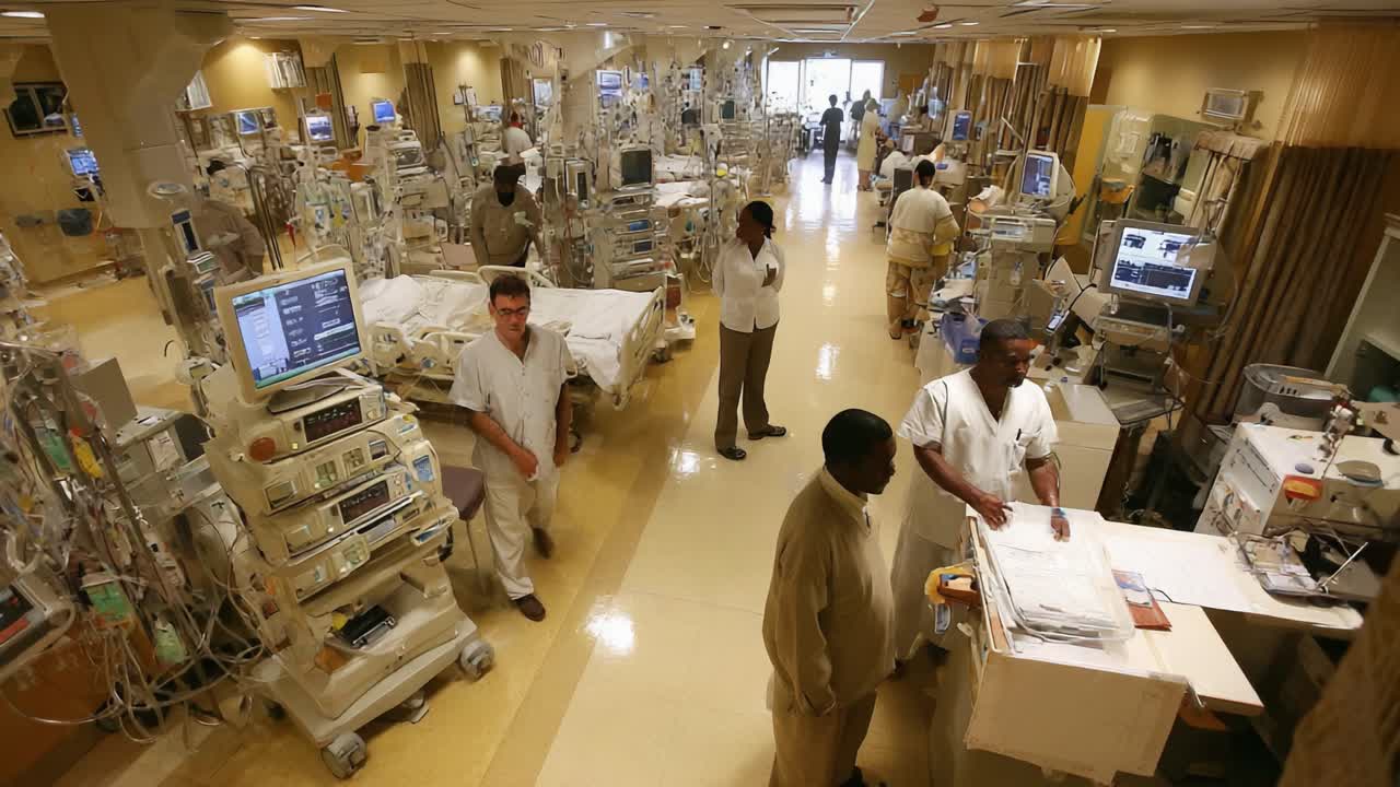 Inside a Busy Hospital ICU: A Glimpse of Intensive Care Units with Medical Equipment and Healthcare Professionals at Work, Highlighting Patient Care and Technology