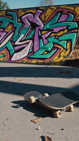 skateboard at a skatepark with graffiti