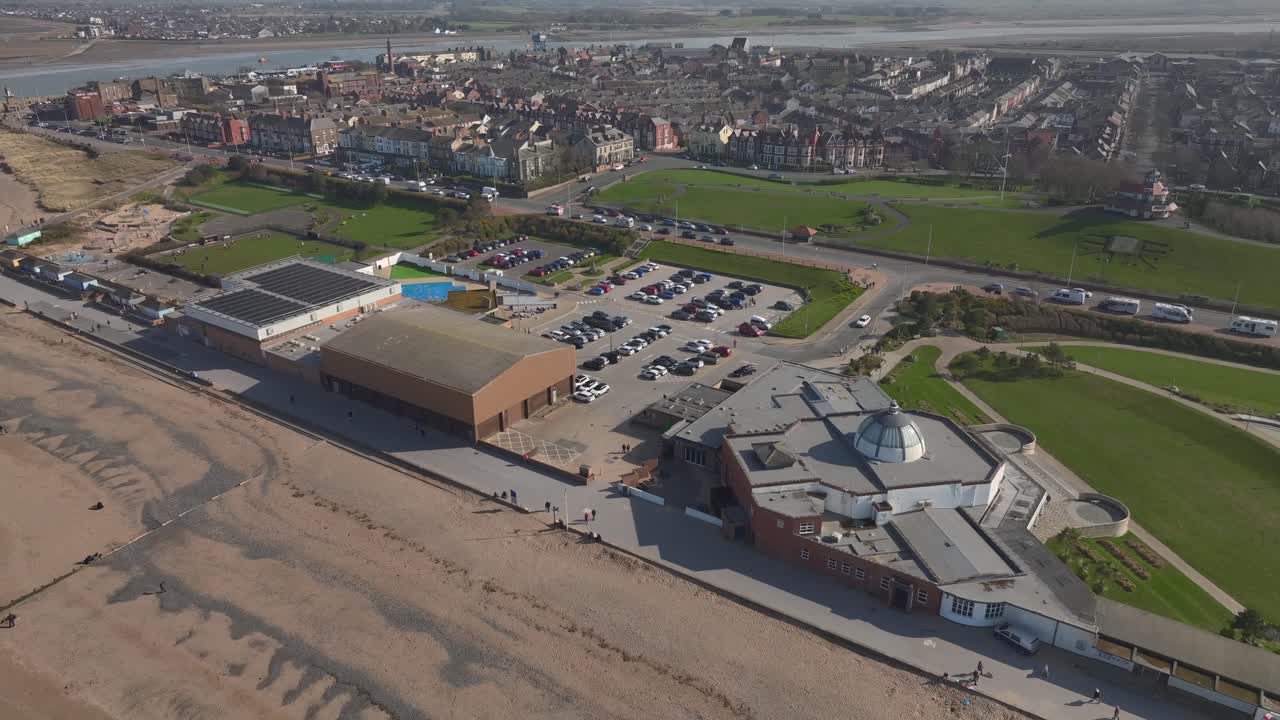 High above the coast with Marine Hall and Fitness centres below and with view over Fleetwood to the River Wyre. Lancashire, UK