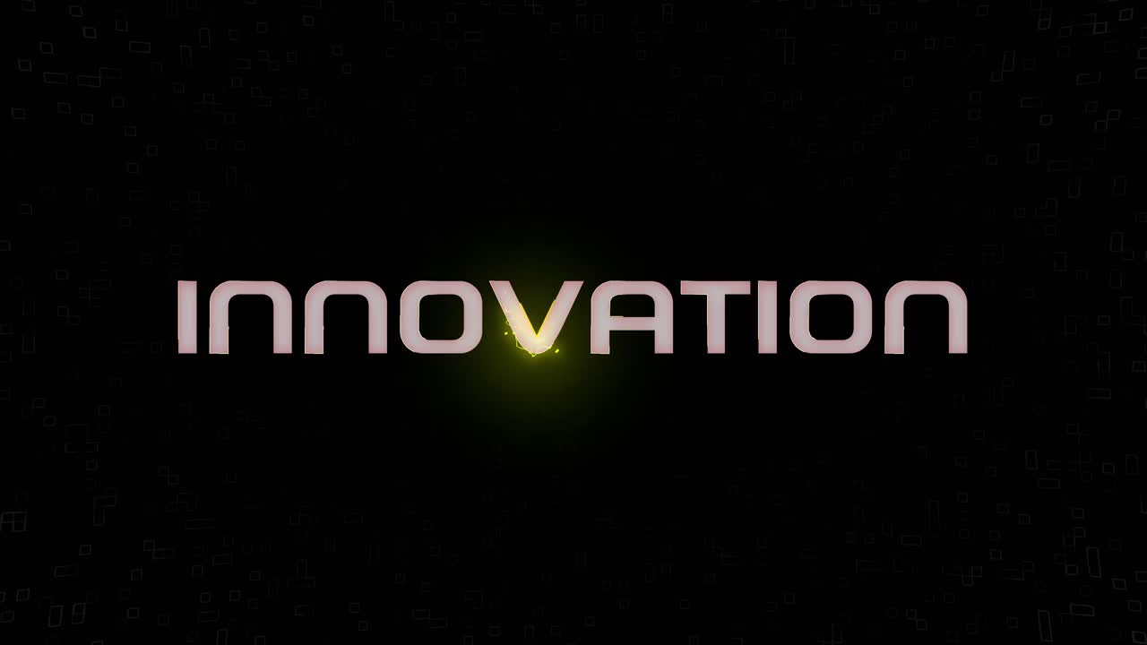 Elektrisk, blinkende INNOVATION, animeret grafik i hvid, gul og sort