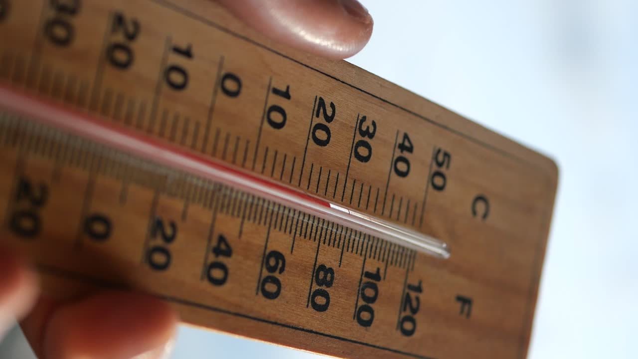 A thermometer showing the temperature in Celsius and Fahrenheit