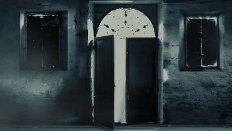 Animation-of-a-creepy-abandoned-mansion-with-a-moving-door-and-windows,-with-fog-and-dust-moving-around