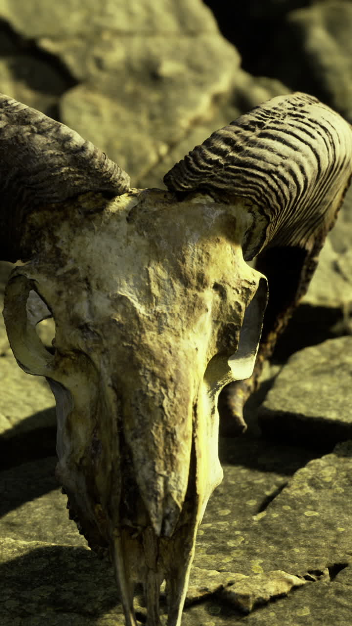 Unique ram skull resting on rocky terrain under sunlight at dawn