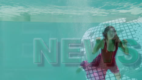 swimming underwater, person with news text animation overlay