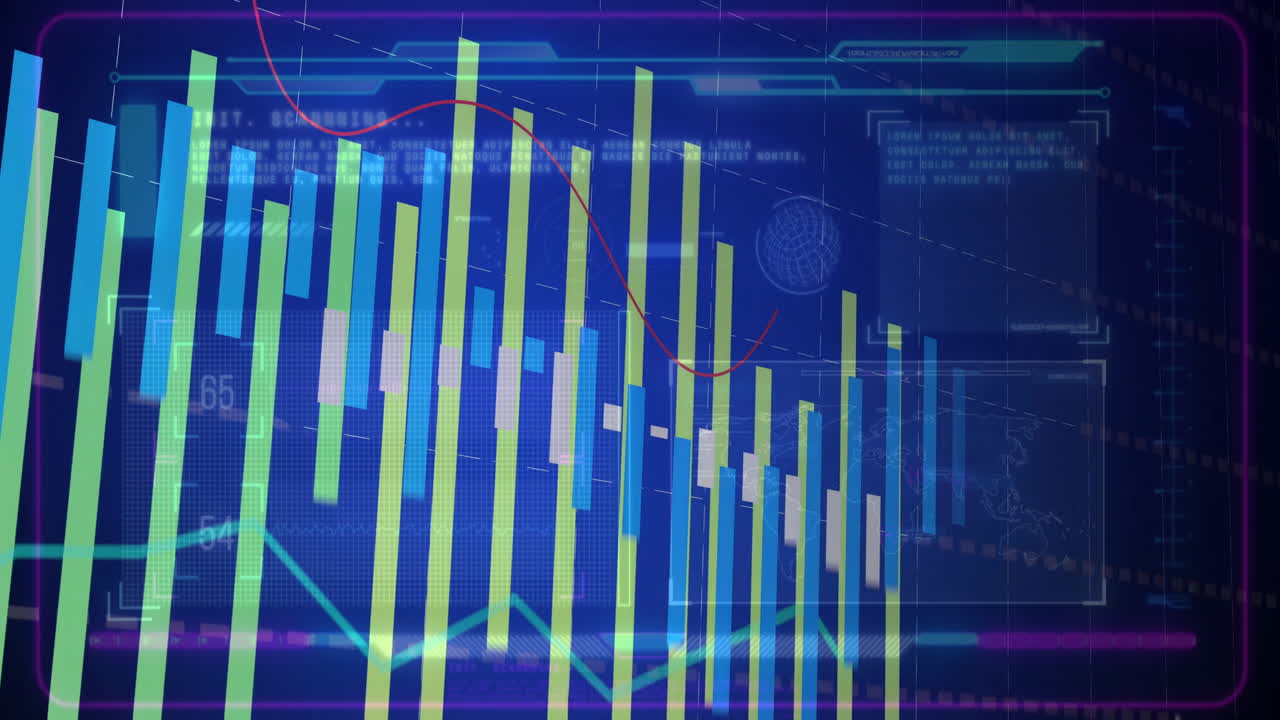 Animation of colorful bar and line graphs over digital data and world map