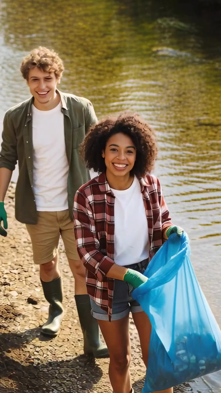 Vertical video: Waving as cam nearing woman picking litter for cleanup on riverbank tying blue bag
