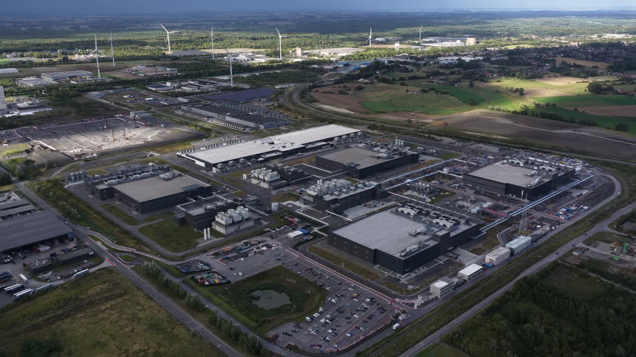 Big data center in Belgium under construction. Computing power aerial drone video